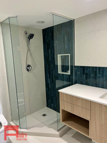 Full Bathroom Renovation Modern Floating Vanity With Austrian Laminate And Quartz Countertop, Stand Up Shower, Bathtub, And Tiling 2