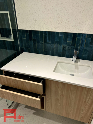 Full Bathroom Renovation Modern Floating Vanity With Austrian Laminate And Quartz Countertop, Stand Up Shower, Bathtub, And Tiling 3