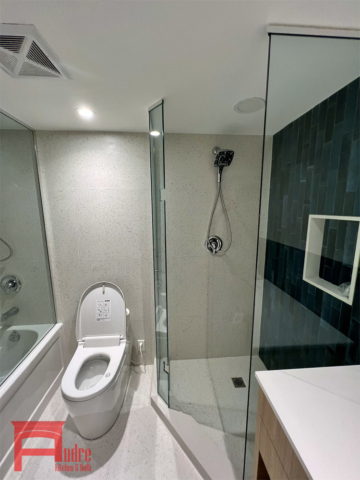 Full Bathroom Renovation Modern Floating Vanity With Austrian Laminate And Quartz Countertop, Stand Up Shower, Bathtub, And Tiling 4