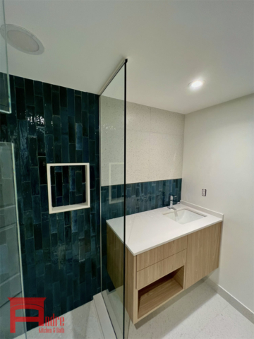 Full Bathroom Renovation Modern Floating Vanity With Austrian Laminate And Quartz Countertop, Stand Up Shower, Bathtub, And Tiling