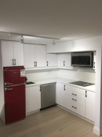 Modern Basement Kitchen With White Matte Anti Fingerprint Doors And Quartz Countertops