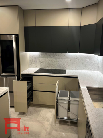 Modern Kitchen With Matte Soft Touch Austrian Laminate Exterior, Handle Less Push Open Door Mechanism, Quartz Countertops, Waterfall Island With Seating Area 1