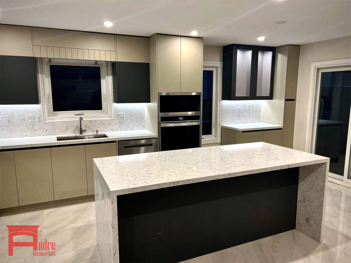 Modern Kitchen With Matte Soft Touch Austrian Laminate Exterior, Handle Less Push Open Door Mechanism, Quartz Countertops, Waterfall Island With Seating Area 4