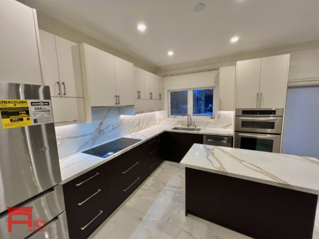 Modern Kitchen With Soft Touch Austrian Laminate, Quartz Countertop, And Bar Area With Wine Rack And Wine Cooler 2