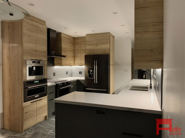 Modern Kitchen With Soft Touch Matte And Textured Austrian Laminate Quartz Countertop And Backsplash And Led Lighting