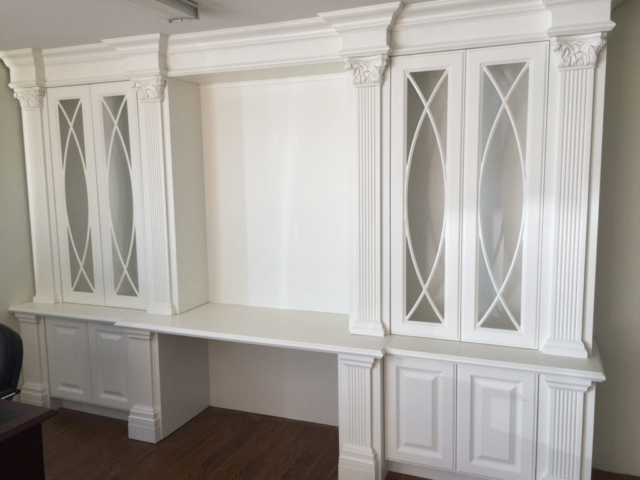 Traditional Wall Unit + Office Library With Off White Painted Mdf And Designed Glass Doors