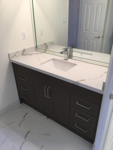 Transitional Bathroom Vanity With Brown Painted Mdf And Quartz Countertop