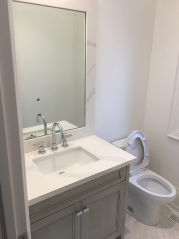 Transitional Bathroom Vanity With Glazed Grey Painted Mdf Quartz Countertop And Stone Frame Mirror