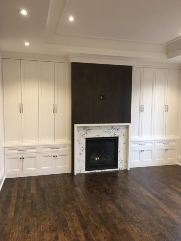 Transitional White Painted Mdf Wall Unit With Quartz Fireplace